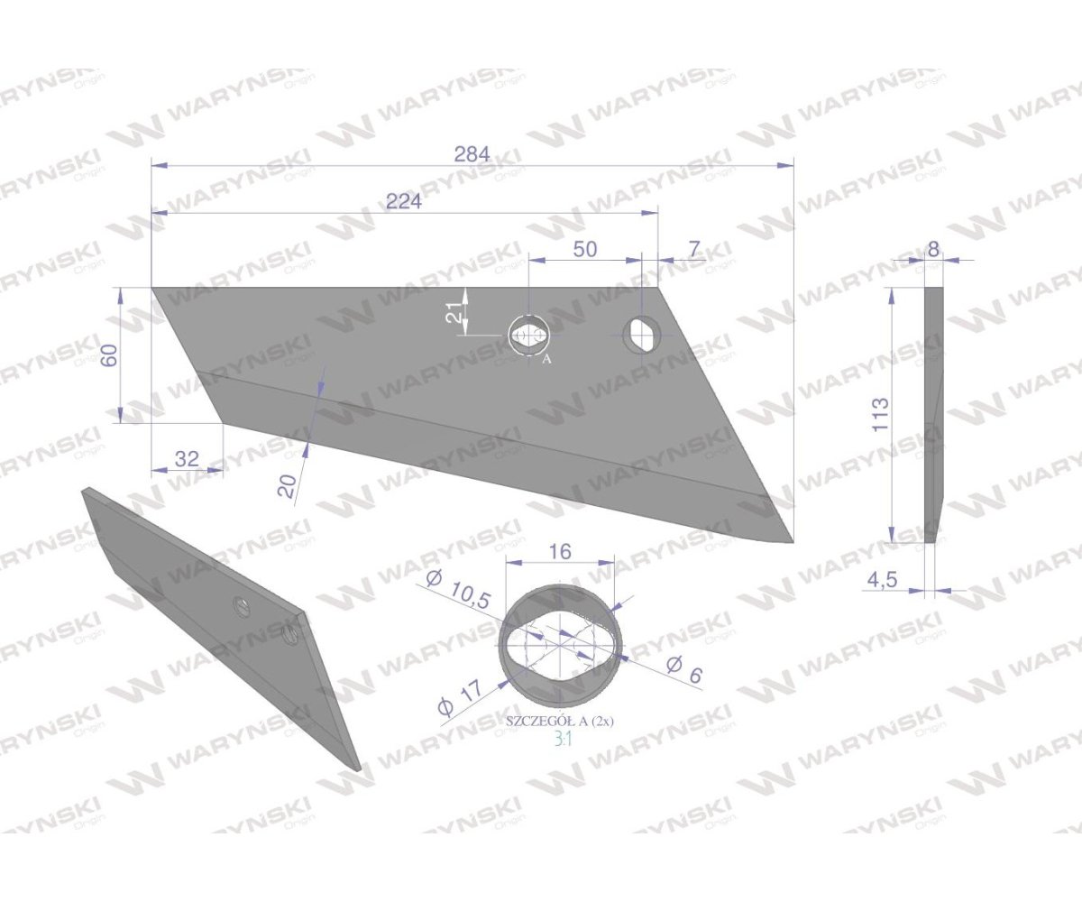 Lemiesz agregatu podorywkowego prawy 260mm/2-otwory 925361 Gruber typ Brodnica RAU Uniwersalne WARYŃSKI