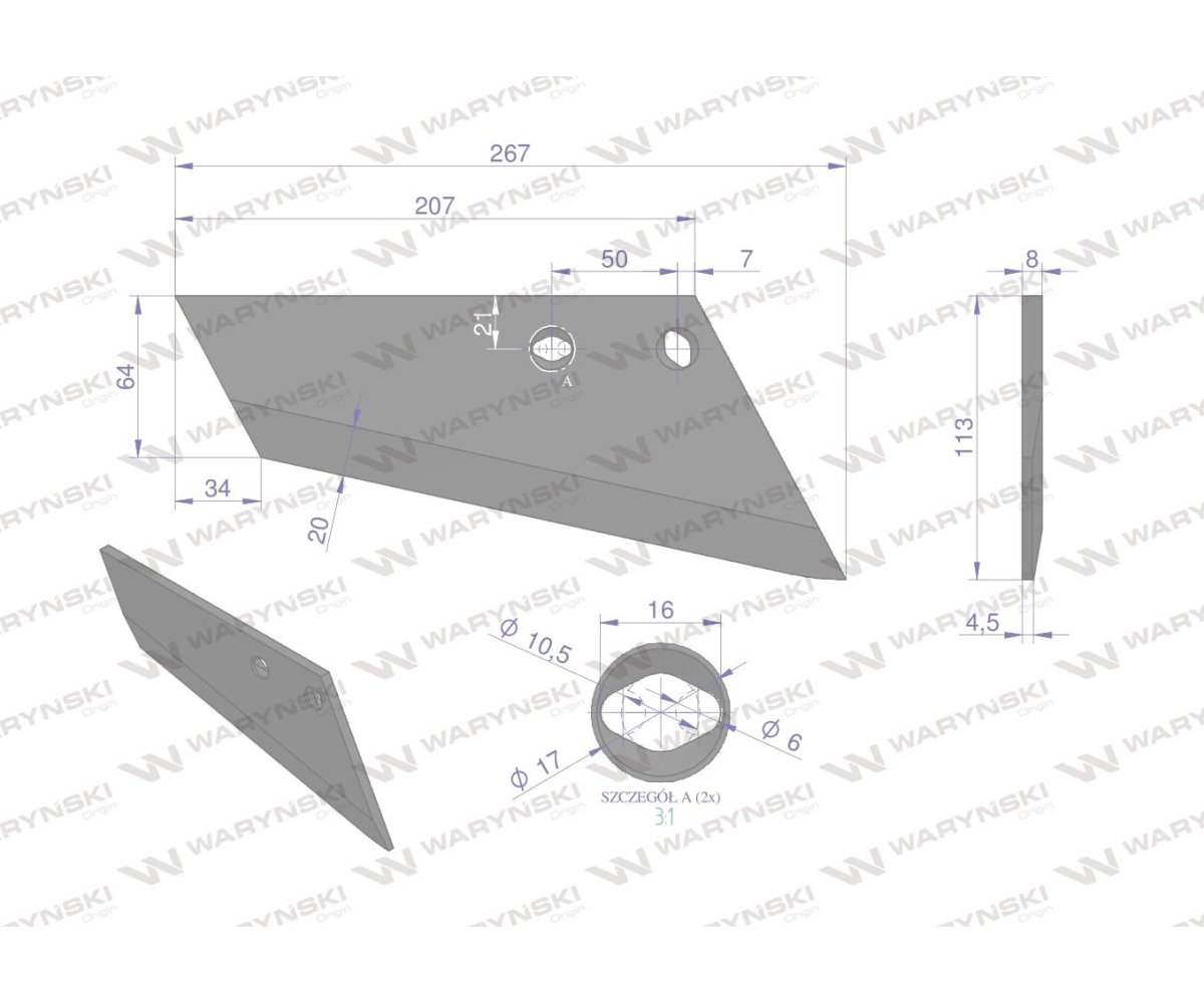 Lemiesz agregatu podorywkowego prawy 240mm/2-otwory 925361 Gruber typ Brodnica RAU Uniwersalne WARYŃSKI