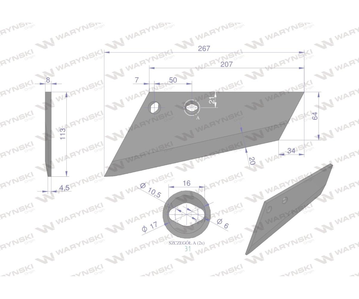 Lemiesz agregatu podorywkowego lewy 240mm/2-otwory 925371 Gruber typ Brodnica RAU Uniwersalne WARYŃSKI