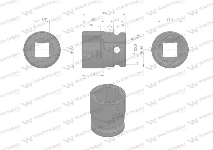 Nasadka udarowa sześciokątna 1/2". 22 mm. CrMo. DIN 3129. Waryński