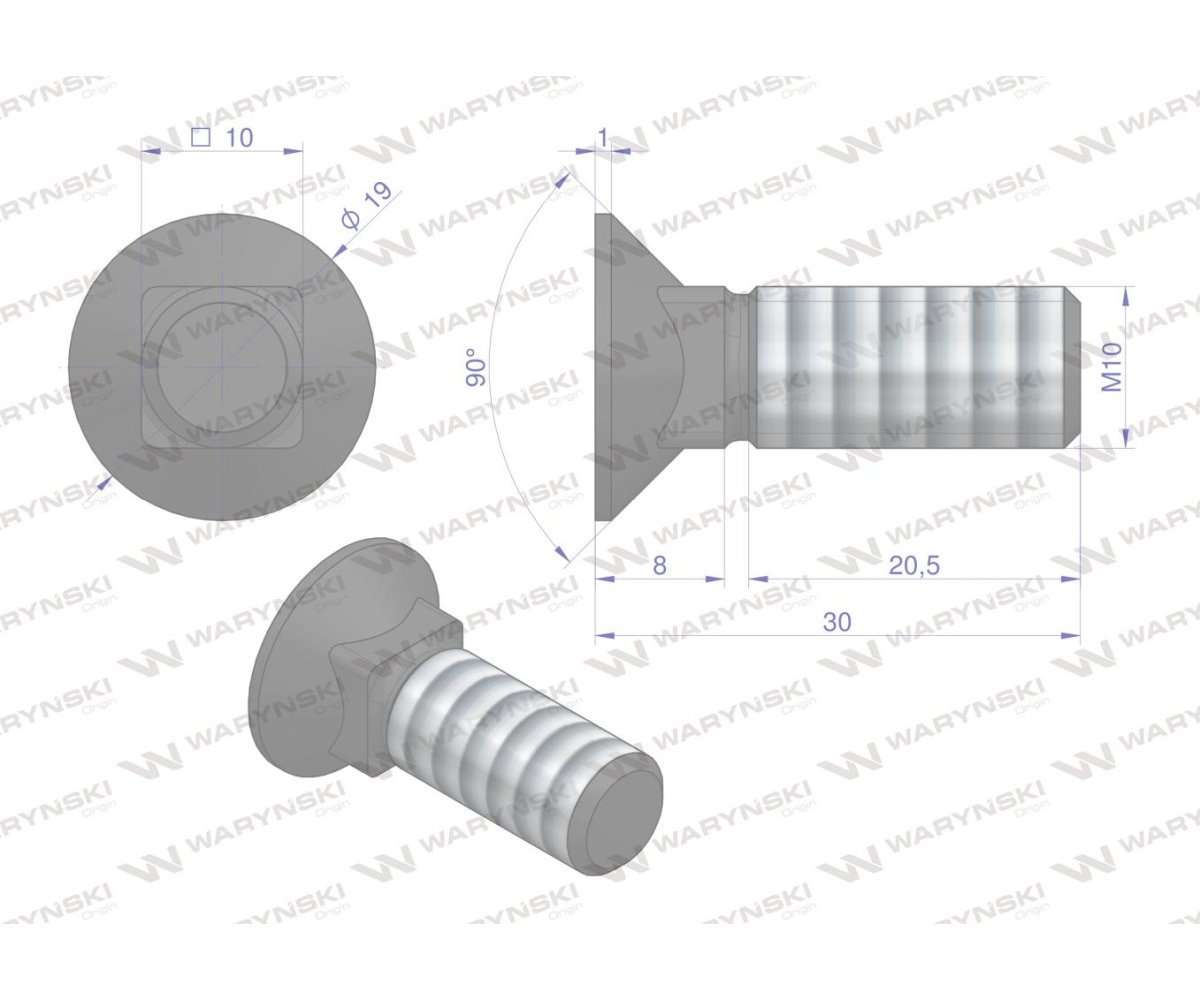 Śruba kpl. płużna podsadzana D 608 M10x30 mm kl.10.9 Waryński ( sprzedawane po 25 )