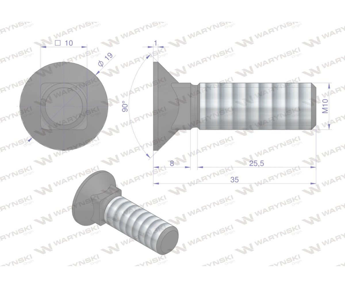 Śruba kpl. płużna podsadzana D 608 M10x35 mm kl.10.9 Waryński ( sprzedawane po 25 )