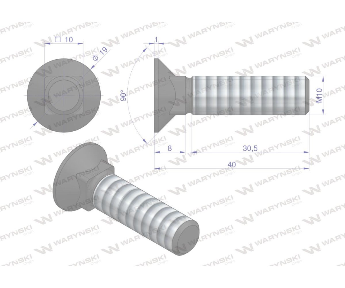 Śruba kpl. płużna podsadzana D 608 M10x40 mm kl.10.9 Waryński ( sprzedawane po 25 )