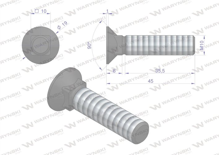 Śruba kpl. płużna podsadzana D 608 M10x45 mm kl.10.9 Waryński ( sprzedawane po 25 )
