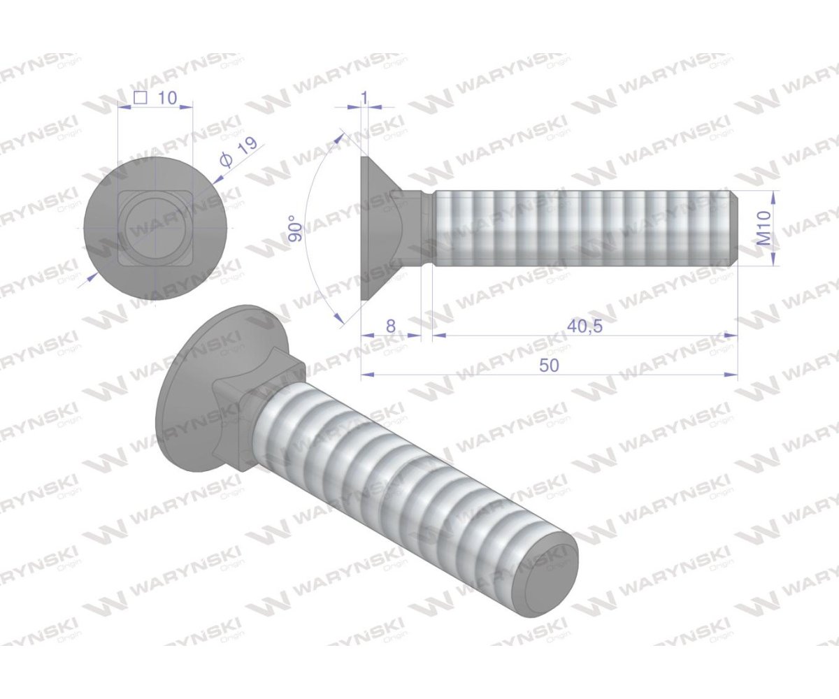 Śruba kpl. płużna podsadzana D 608 M10x50 mm kl.10.9 Waryński ( sprzedawane po 25 )