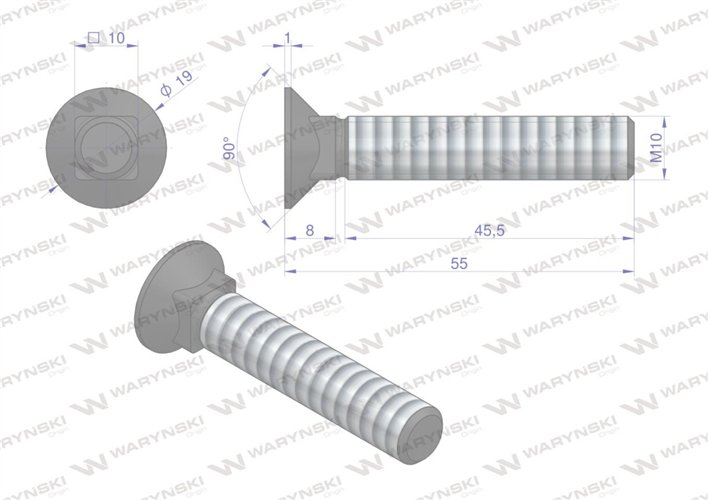 Śruba kpl. płużna podsadzana D 608 M10x55 mm kl.10.9 Waryński ( sprzedawane po 25 )
