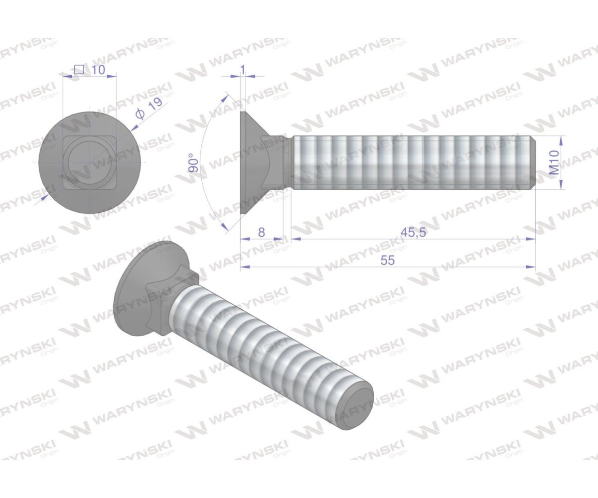Śruba kpl. płużna podsadzana D 608 M10x55 mm kl.10.9 Waryński ( sprzedawane po 25 )