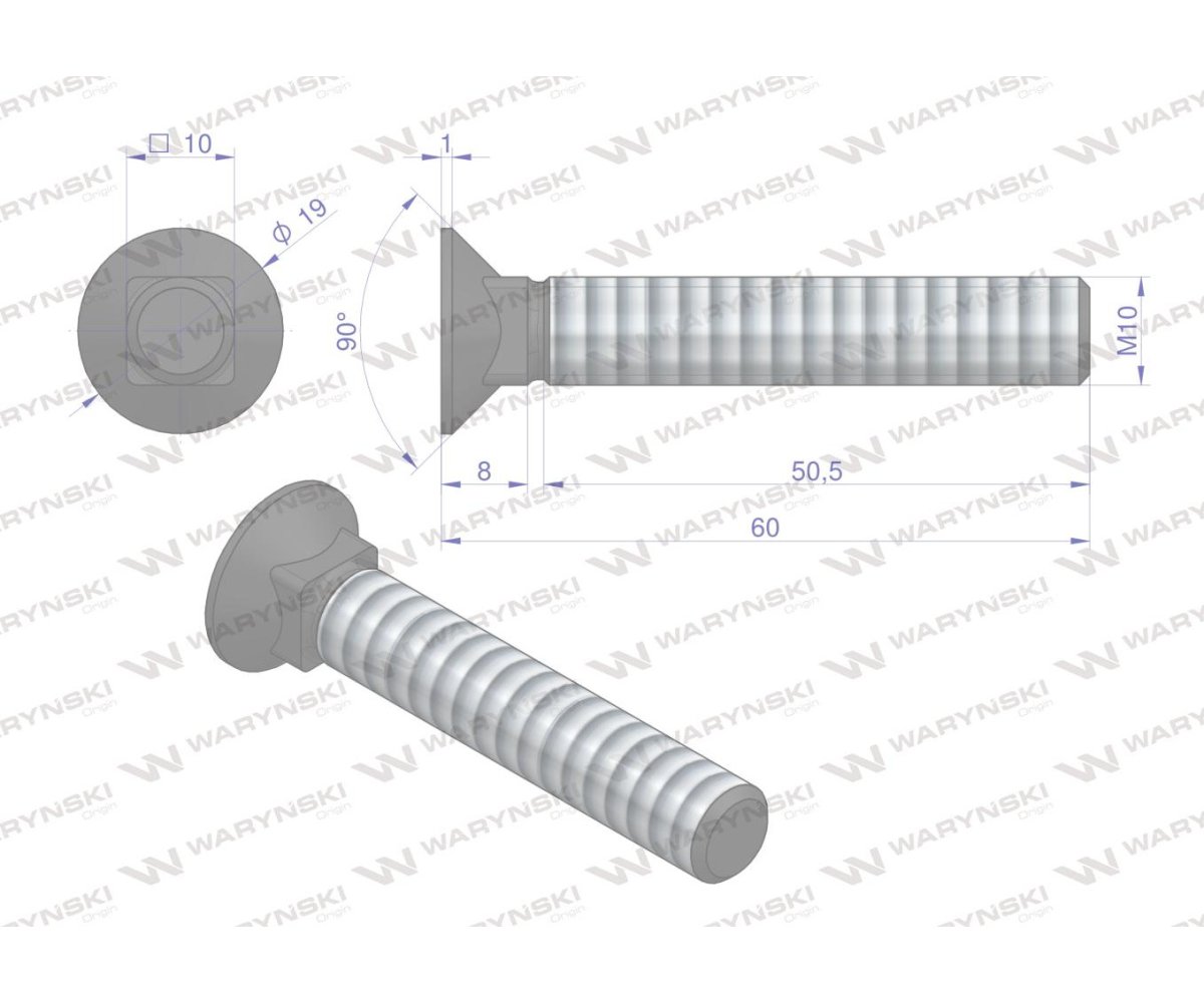 Śruba kpl. płużna podsadzana D 608 M10x60 mm kl.10.9 Waryński ( sprzedawane po 25 )