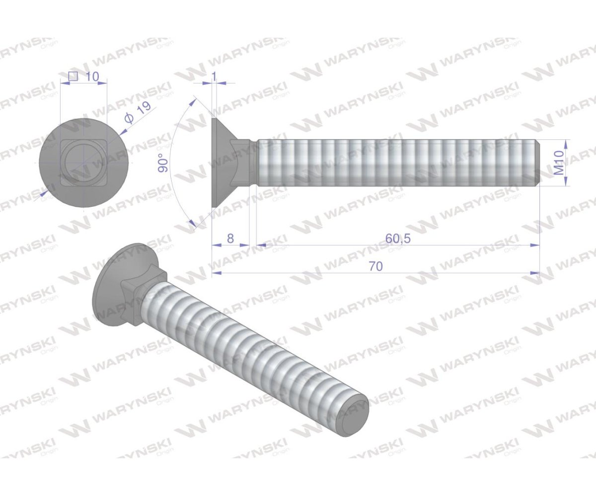 Śruba kpl. płużna podsadzana D 608 M10x70 mm kl.10.9 Waryński ( sprzedawane po 25 )