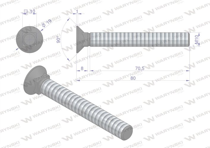 Śruba kpl. płużna podsadzana D 608 M10x80 mm kl.10.9 Waryński ( sprzedawane po 25 )