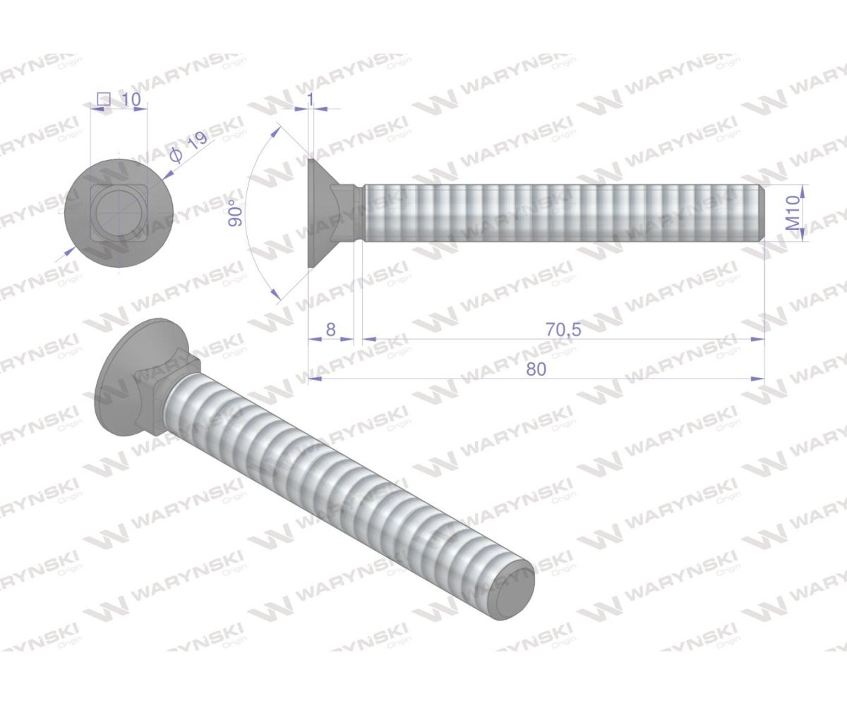 Śruba kpl. płużna podsadzana D 608 M10x80 mm kl.10.9 Waryński ( sprzedawane po 25 )