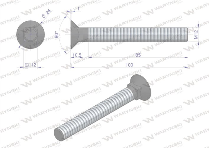 Śruba kpl. płużna podsadzana D 608 M12x100 mm kl.10.9 Waryński ( sprzedawane po 10 )
