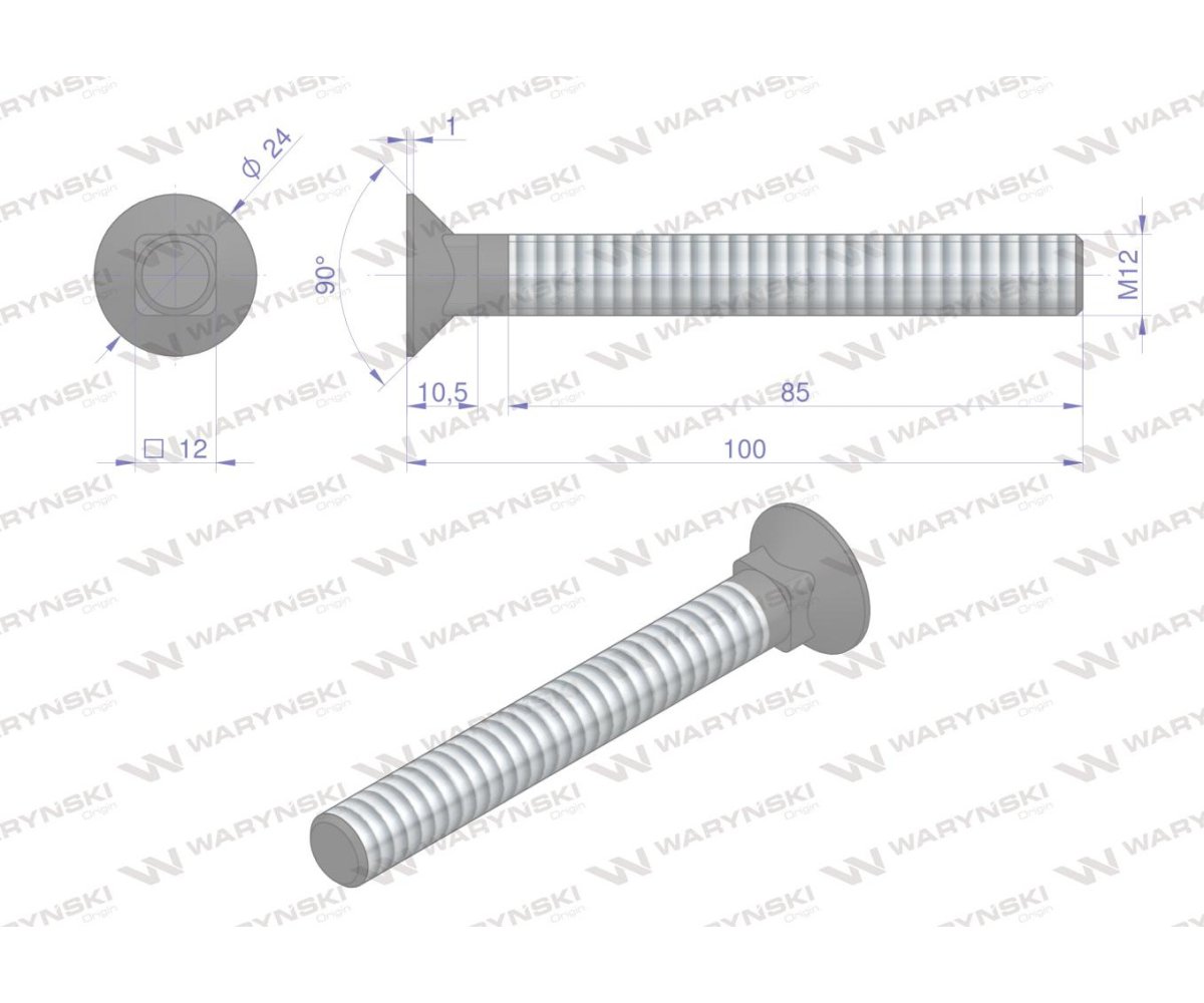 Śruba kpl. płużna podsadzana D 608 M12x100 mm kl.10.9 Waryński ( sprzedawane po 10 )