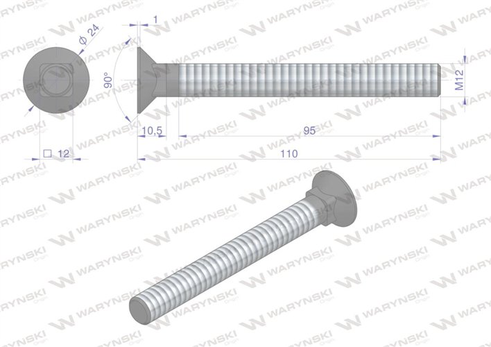 Śruba kpl. płużna podsadzana D 608 M12x110 mm kl.10.9 Waryński ( sprzedawane po 10 )