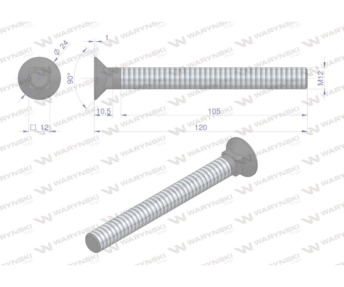 Śruba kpl. płużna podsadzana D 608 M12x120 mm kl.10.9 Waryński ( sprzedawane po 10 )
