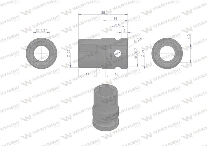 Nasadka udarowa sześciokątna 1/2". 14 mm. CrMo. DIN 3129. Waryński