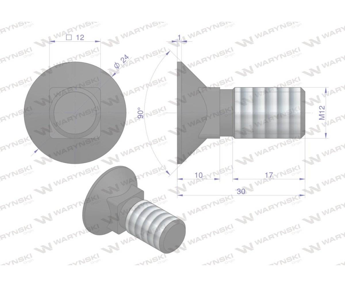 Śruba kpl. płużna podsadzana D 608 M12x30 mm kl.10.9 Waryński ( sprzedawane po 25 )