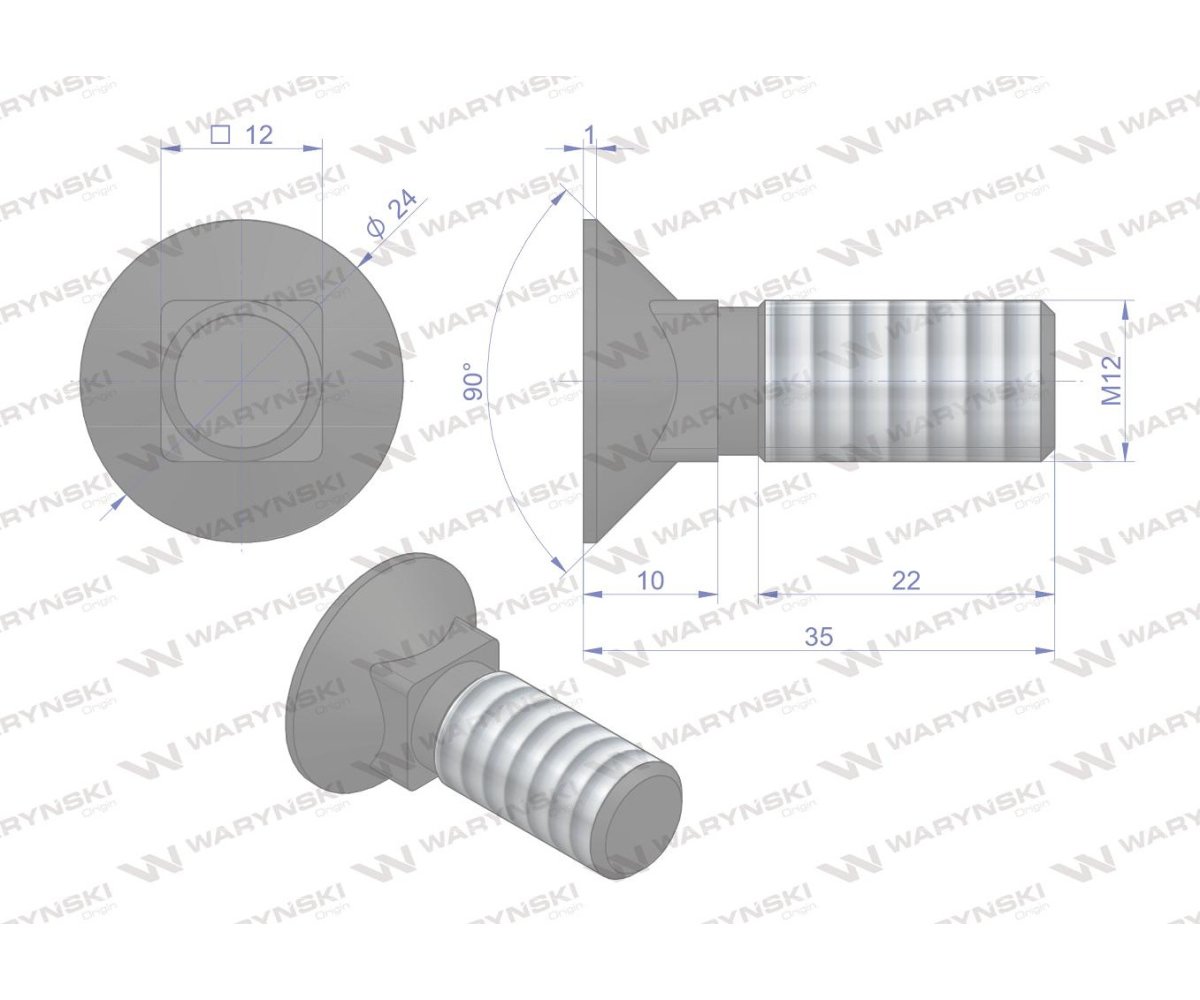 Śruba kpl. płużna podsadzana D 608 M12x35 mm kl.10.9 Waryński ( sprzedawane po 25 )