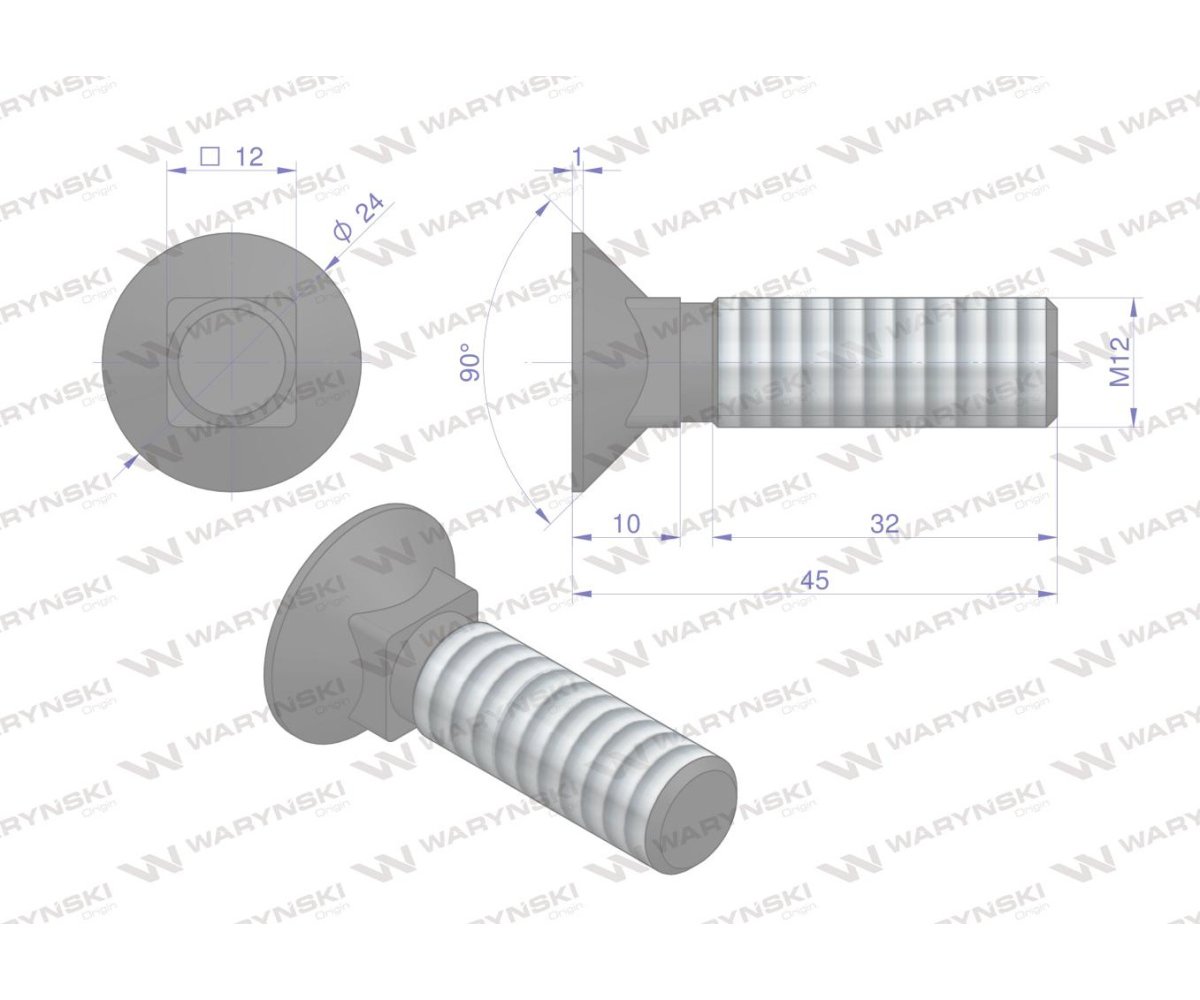 Śruba kpl. płużna podsadzana D 608 M12x45 mm kl.10.9 Waryński ( sprzedawane po 25 )