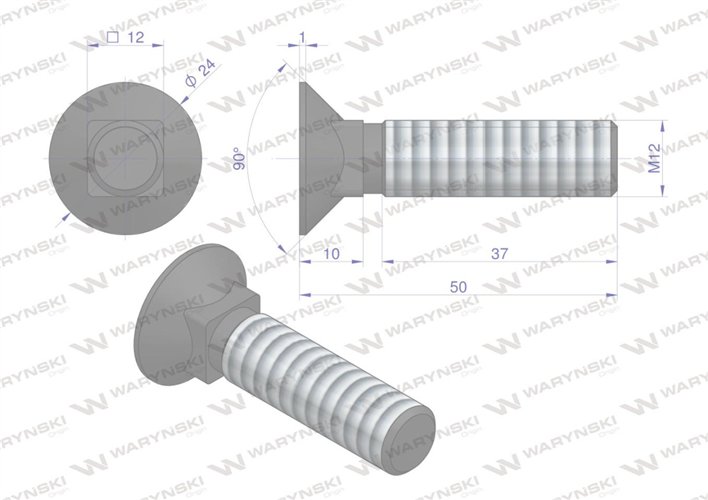 Śruba kpl. płużna podsadzana D 608 M12x50 mm kl.10.9 zastosowanie ząb SX Waryński ( sprzedawane po 25 )
