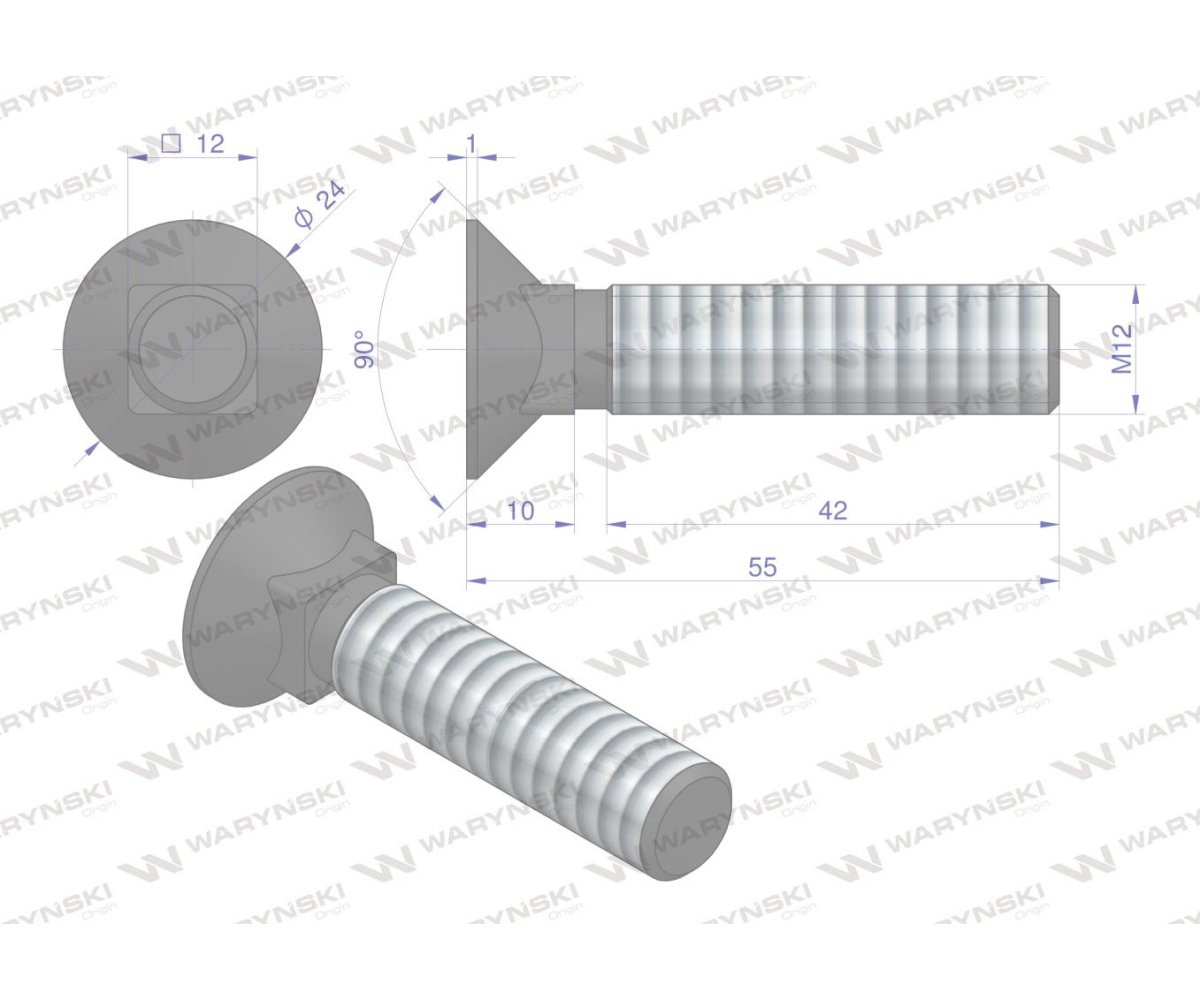Śruba kpl. płużna podsadzana D 608 M12x55 mm kl.10.9 Waryński ( sprzedawane po 25 )