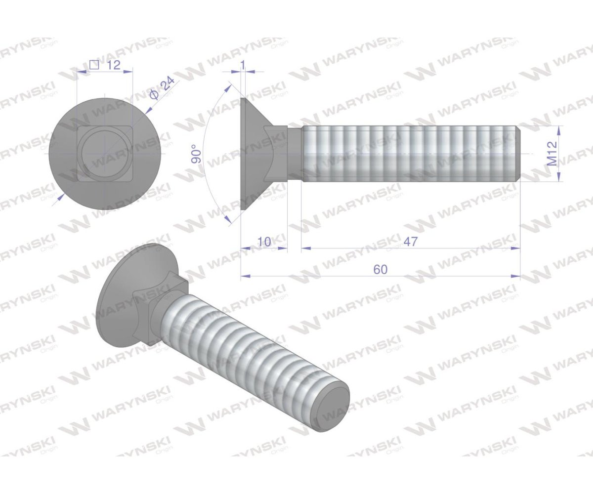 Śruba kpl. płużna podsadzana D 608 M12x60 mm kl.10.9 Waryński ( sprzedawane po 25 )