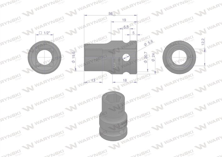 Nasadka udarowa sześciokątna 1/2". 12 mm. CrMo. DIN 3129. Waryński