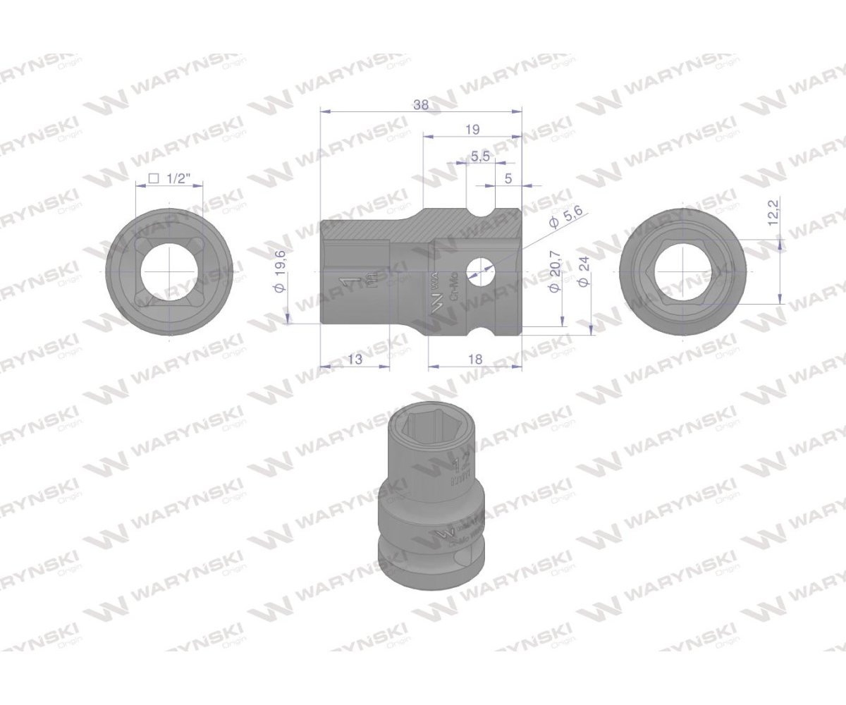Nasadka udarowa sześciokątna 1/2". 12 mm. CrMo. DIN 3129. Waryński
