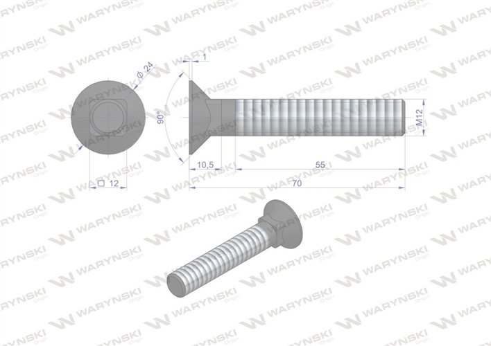 Śruba kpl. płużna podsadzana D 608 M12x70 mm kl.10.9 Waryński ( sprzedawane po 25 )