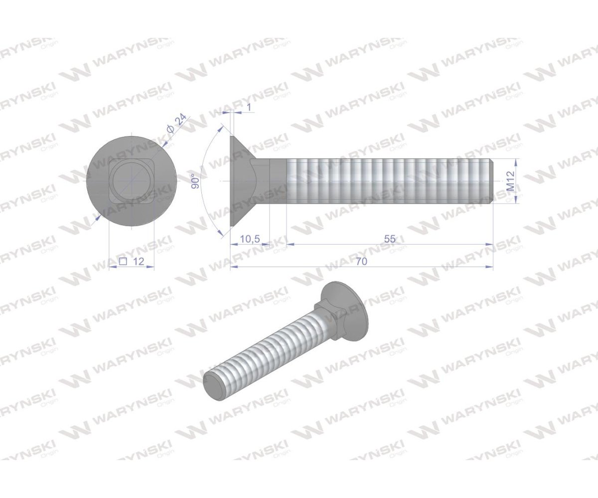 Śruba kpl. płużna podsadzana D 608 M12x70 mm kl.10.9 Waryński ( sprzedawane po 25 )