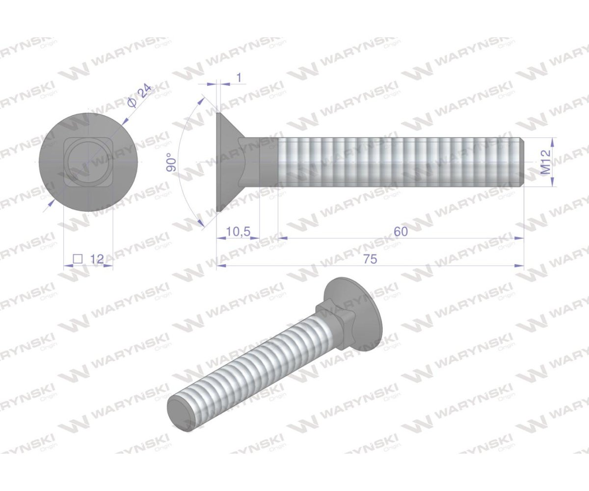 Śruba kpl. płużna podsadzana D 608 M12x75 mm kl.10.9 Waryński ( sprzedawane po 25 )