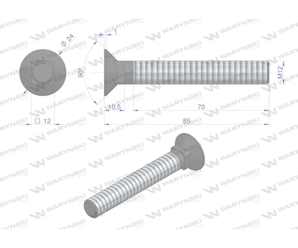 Śruba kpl. płużna podsadzana D 608 M12x85 mm kl.10.9 Waryński ( sprzedawane po 25 )