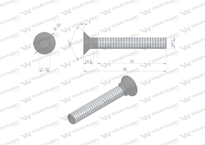 Śruba kpl. płużna podsadzana D 608 M12x90 mm kl.10.9 zastosowanie Gruber Waryński ( sprzedawane po 25 )
