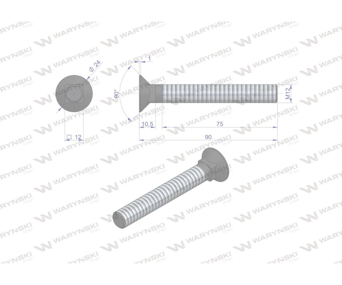 Śruba kpl. płużna podsadzana D 608 M12x90 mm kl.10.9 zastosowanie Gruber Waryński ( sprzedawane po 25 )