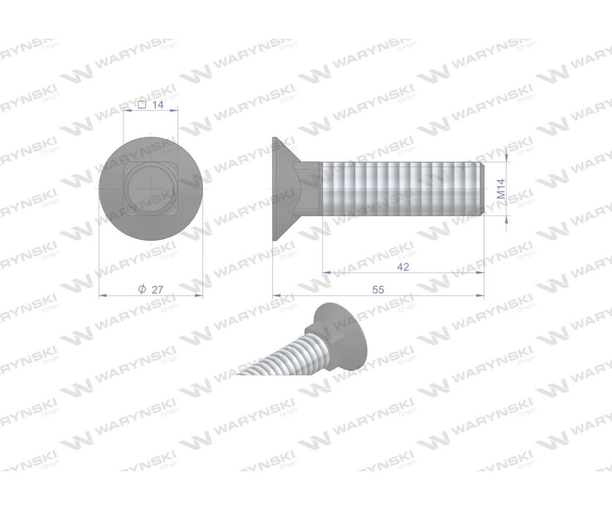 Śruba kpl. płużna podsadzana D 608 M14x55 mm kl.10.9 Waryński ( sprzedawane po 10 )