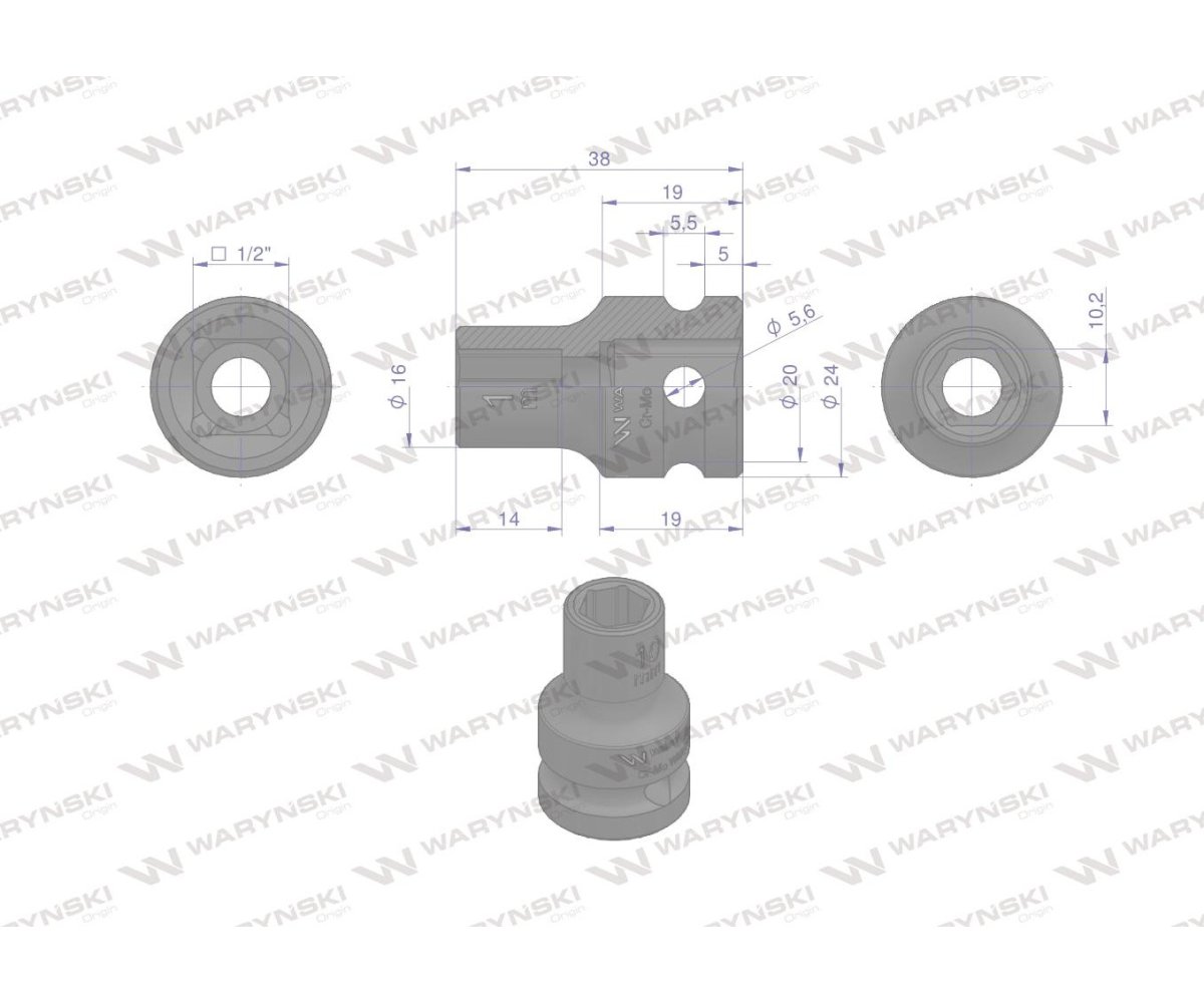 Nasadka udarowa sześciokątna 1/2". 10 mm. CrMo. DIN 3129. Waryński