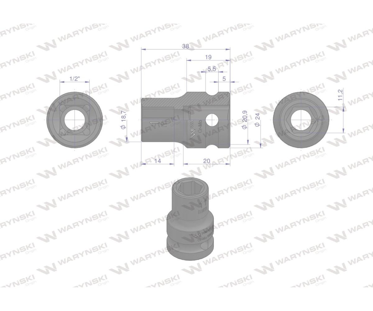 Nasadka udarowa sześciokątna 1/2". 11 mm. CrMo. DIN 3129. Waryński