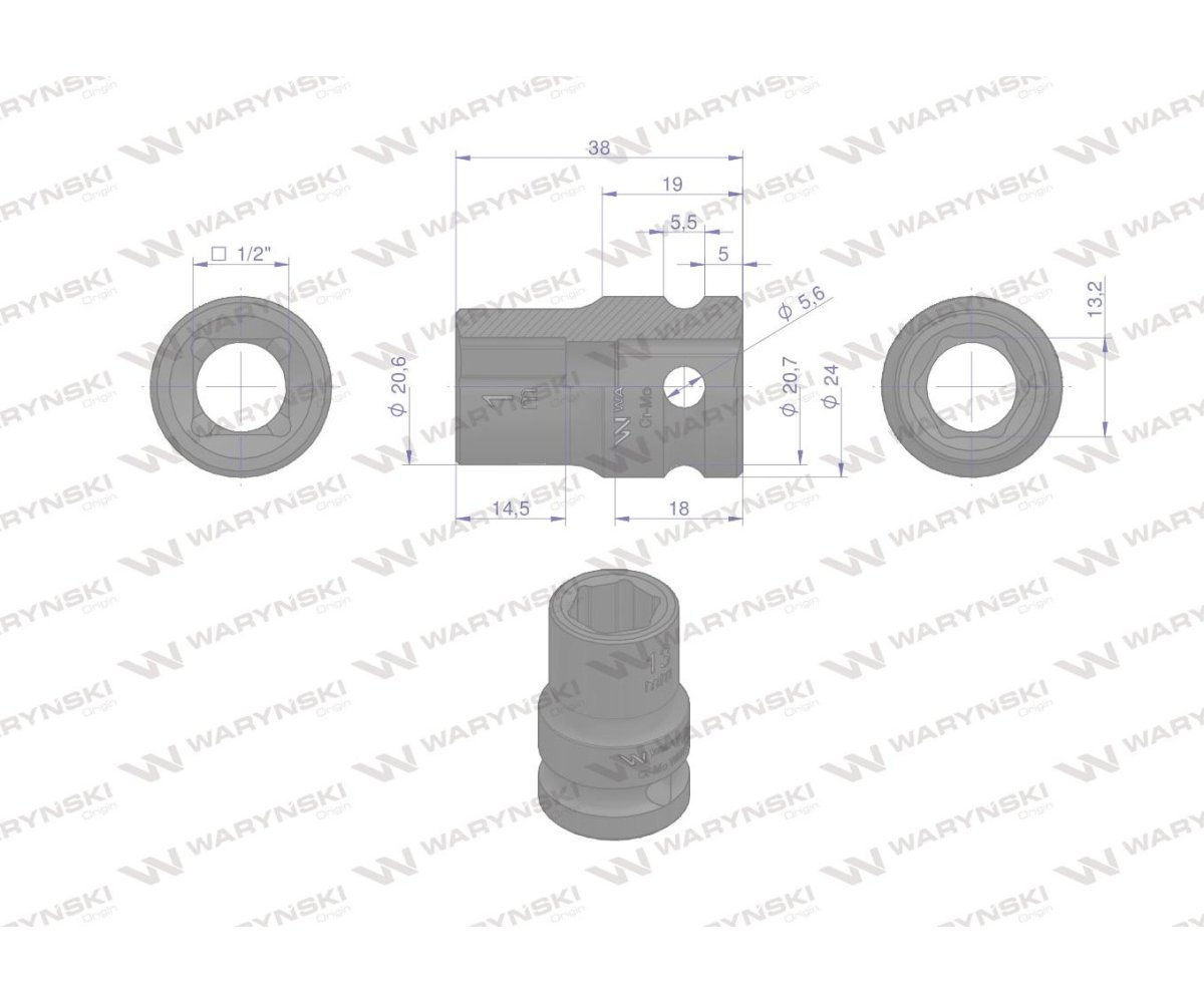 Nasadka udarowa sześciokątna 1/2". 13 mm. CrMo. DIN 3129. Waryński