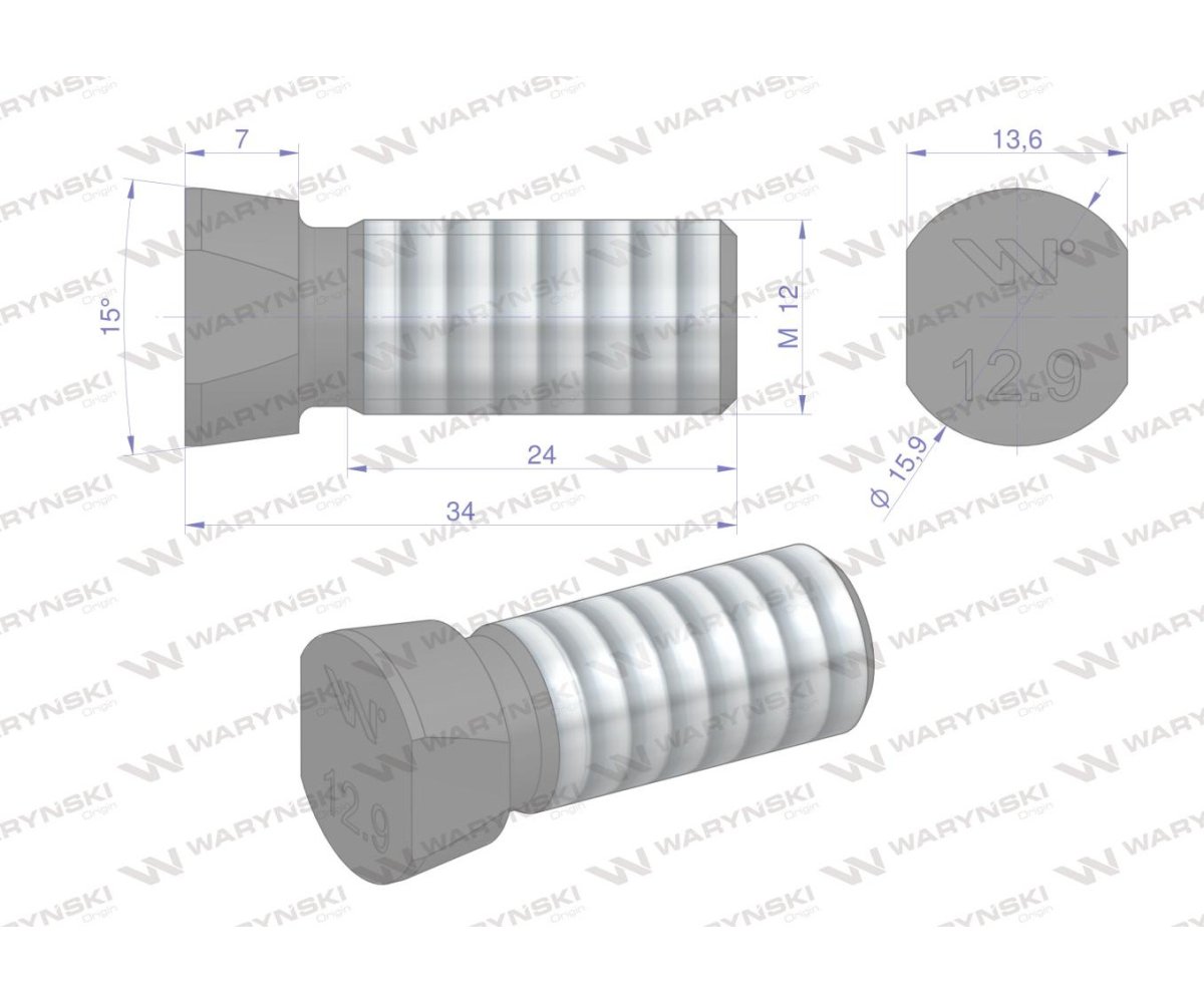 Śruba kpl. płużna oval z dwóch stron ścięta M12x34 mm kl.12.9 zastosowanie Kverneland Waryński M12X34OV2KV ( sprzedawane po 25 )