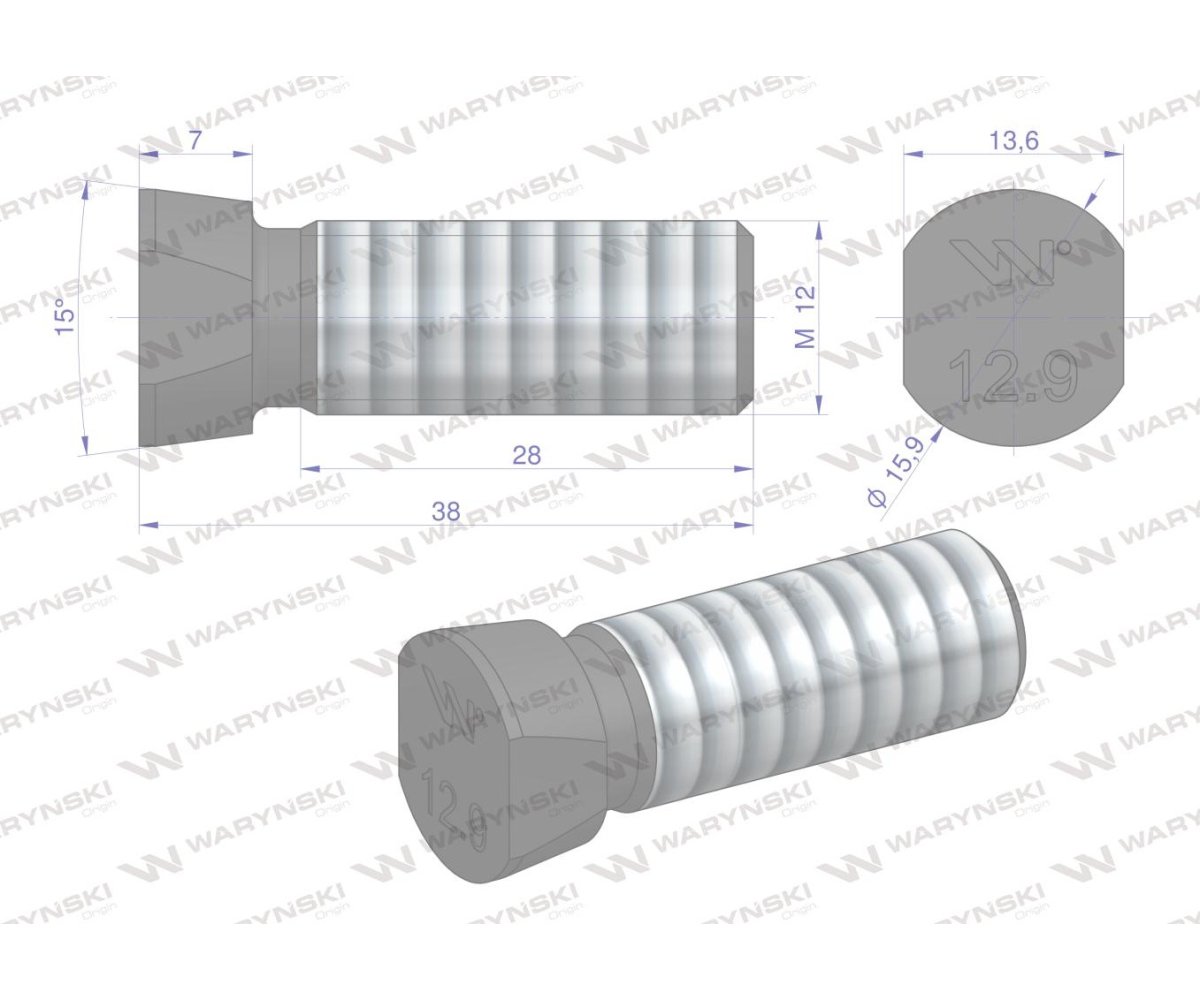 Śruba kpl. płużna oval z dwóch stron ścięta M12x38 mm kl.12.9 zastosowanie Kverneland Waryński M12X38OV2KV ( sprzedawane po 25 )