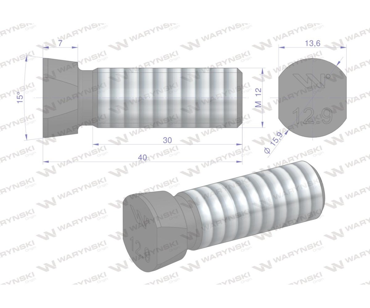 Śruba kpl. płużna oval z dwóch stron ścięta M12x40 mm kl.12.9 zastosowanie Kverneland Waryński M12X40OV2KV ( sprzedawane po 25 )