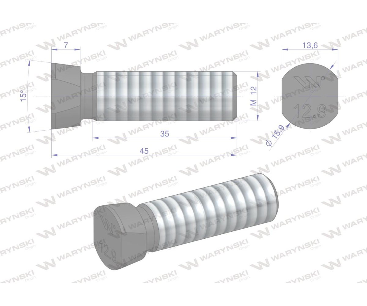 Śruba kpl. płużna oval z dwóch stron ścięta M12x45 mm kl.12.9 zastosowanie Kverneland Waryński M12X45OV2KV ( sprzedawane po 25 )
