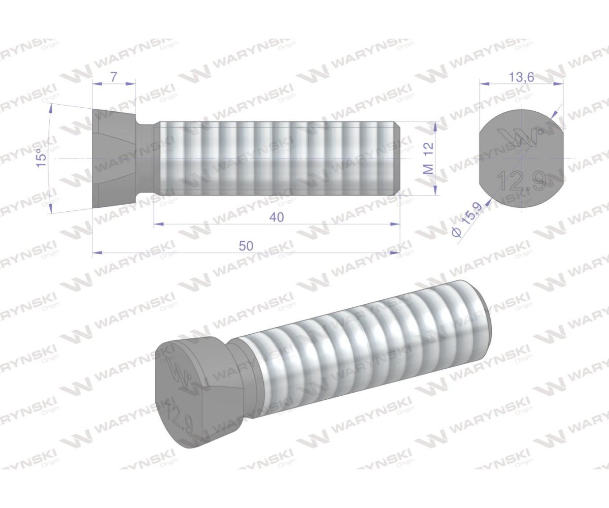 Śruba kpl. płużna oval z dwóch stron ścięta M12x50 mm kl.12.9 zastosowanie Kverneland Waryński M12X50OV2KV ( sprzedawane po 25 )
