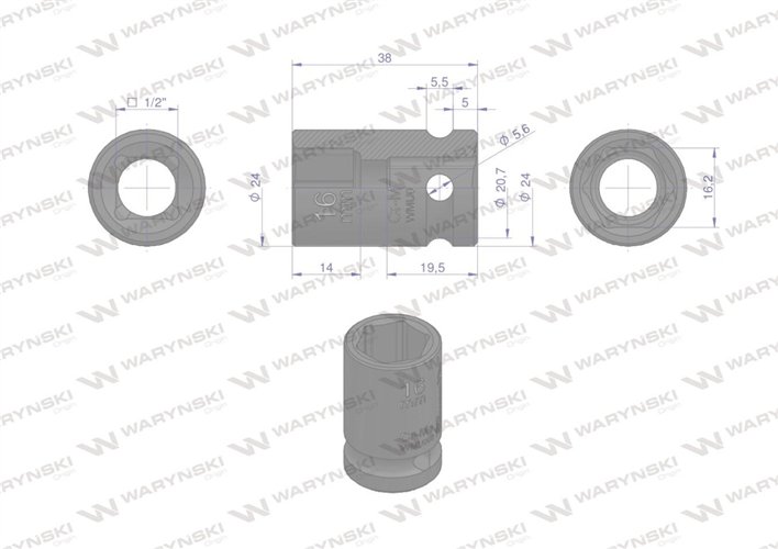 Nasadka udarowa sześciokątna 1/2". 16 mm. CrMo. DIN 3129. Waryński