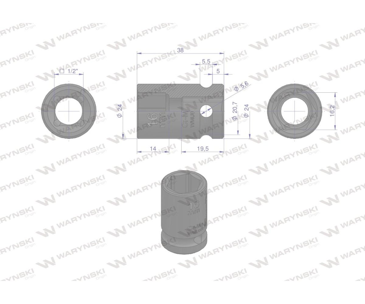 Nasadka udarowa sześciokątna 1/2". 16 mm. CrMo. DIN 3129. Waryński