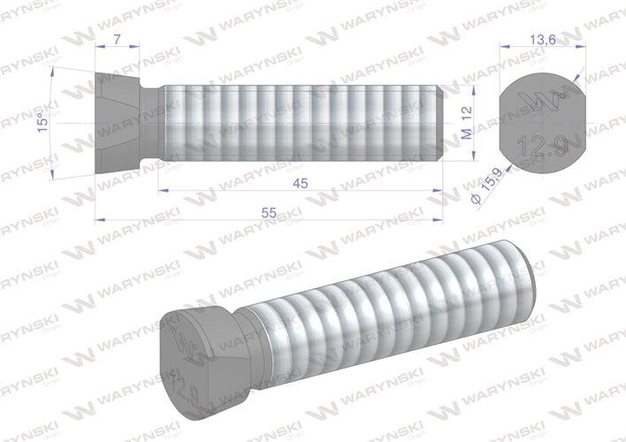 Śruba kpl. płużna oval z dwóch stron ścięta M12x55 mm kl.12.9 zastosowanie Kverneland Waryński M12X55OV2KV ( sprzedawane po 25 )