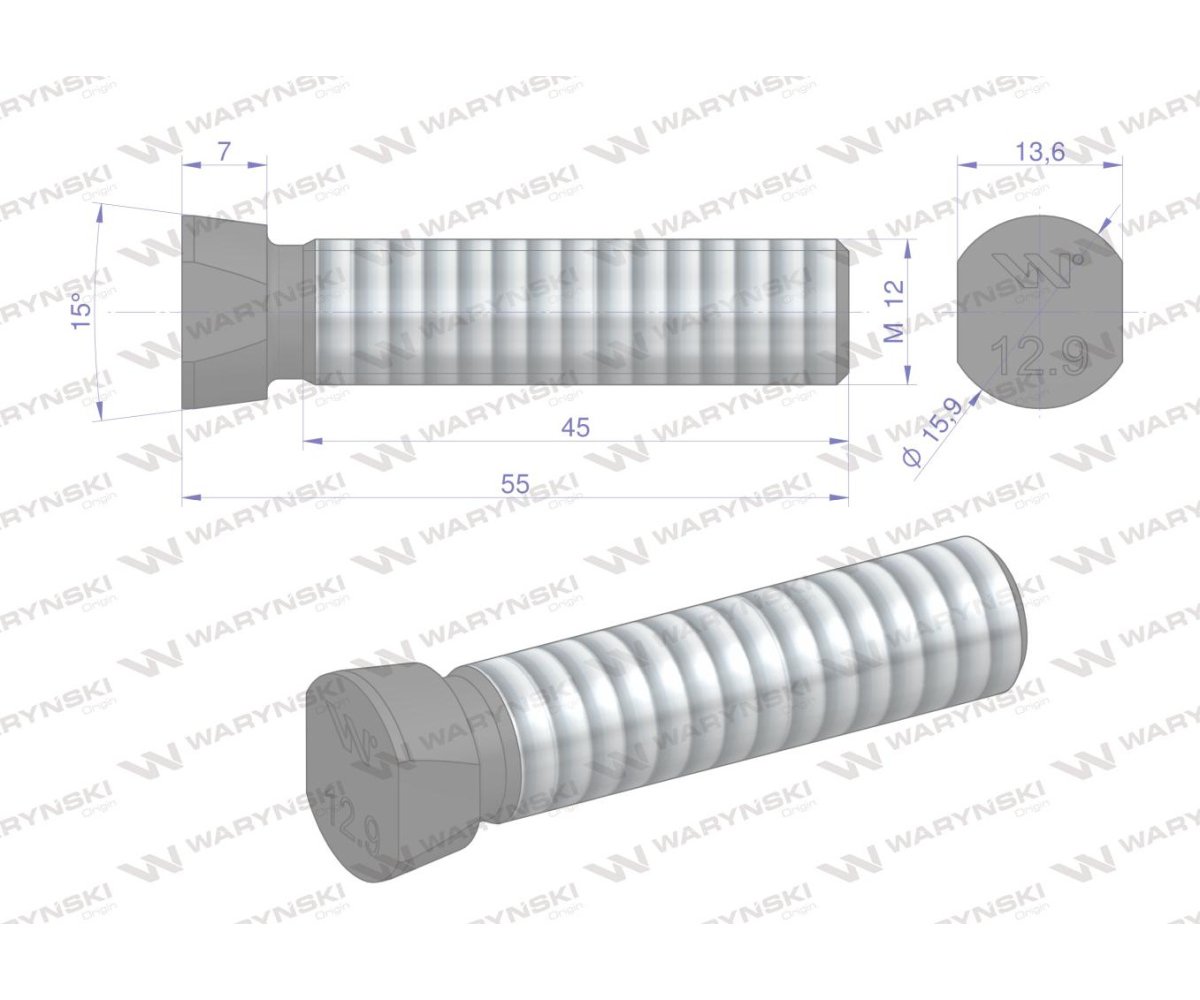 Śruba kpl. płużna oval z dwóch stron ścięta M12x55 mm kl.12.9 zastosowanie Kverneland Waryński M12X55OV2KV ( sprzedawane po 25 )