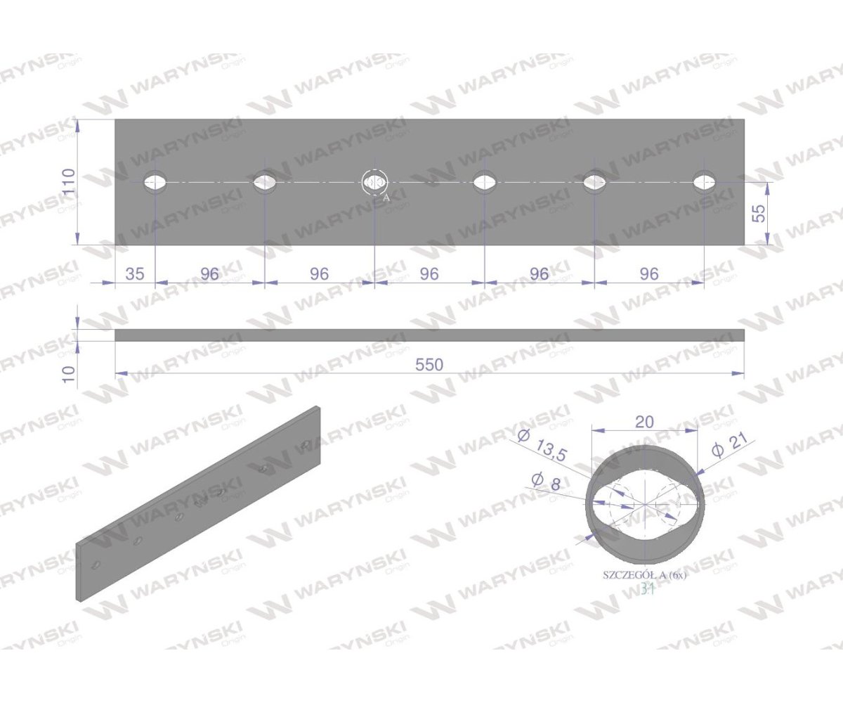 Płoza długa prostokątna lewa/prawa zastosowanie Kuhn stal borowa WARYŃSKI