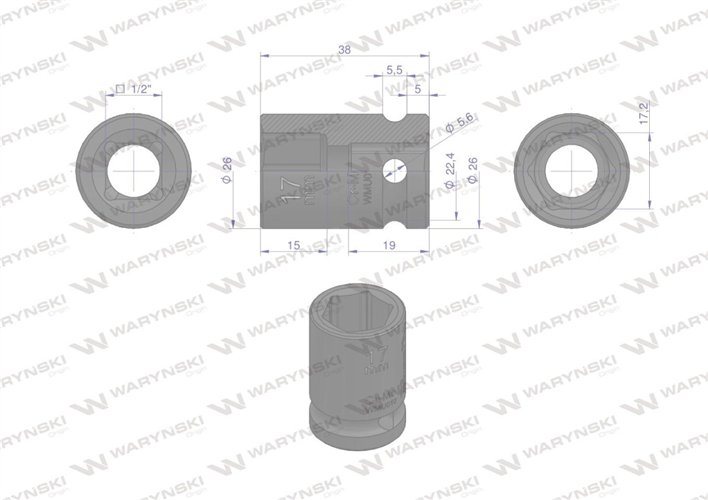 Nasadka udarowa sześciokątna 1/2". 17 mm. CrMo. DIN 3129. Waryński