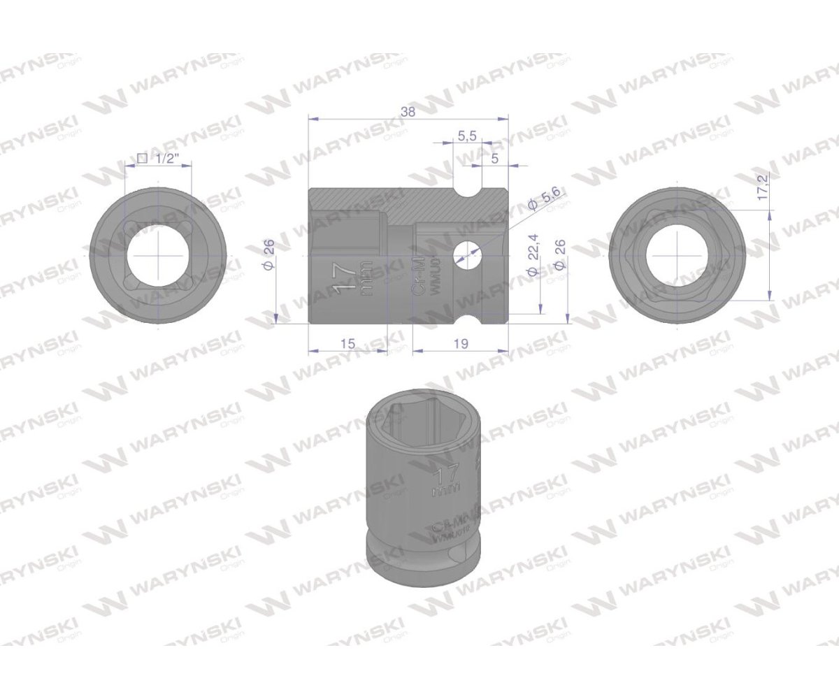 Nasadka udarowa sześciokątna 1/2". 17 mm. CrMo. DIN 3129. Waryński